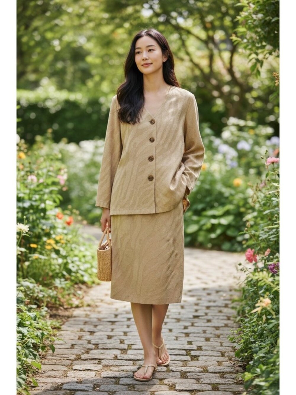Stizzoli Jacquard Linen Button Down Cardigan Skirt Set 44 L-XL Preppy Old Money